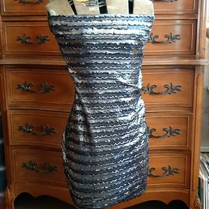 Strapless shiny silver strappy mini dress